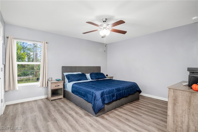 bedroom with ceiling fan and light wood-type flooring