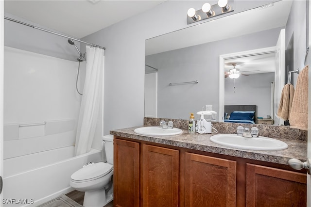 full bathroom with ceiling fan, shower / bathtub combination with curtain, wood-type flooring, vanity, and toilet