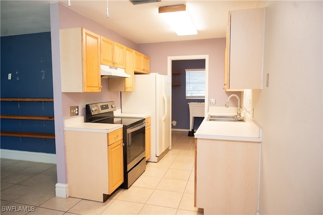 kitchen with light brown cabinetry, sink, light tile patterned flooring, and stainless steel electric stove