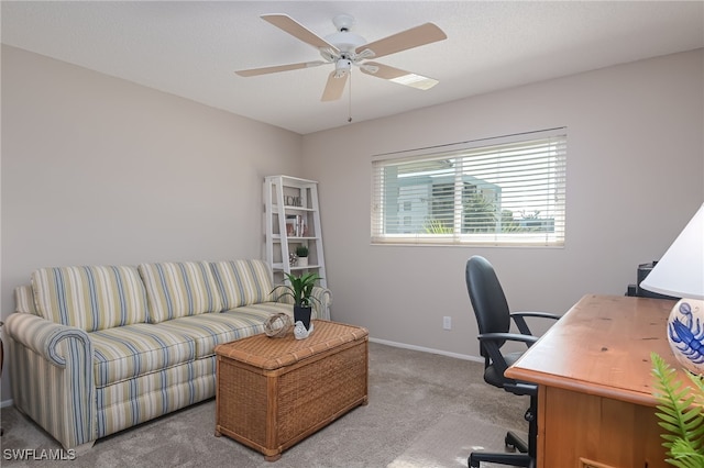 office featuring light colored carpet and ceiling fan