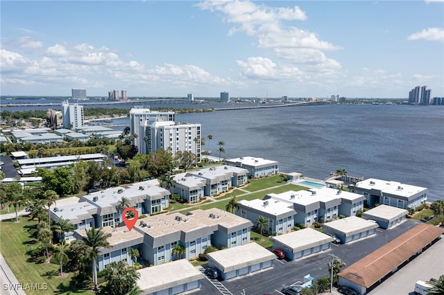 bird's eye view with a water view