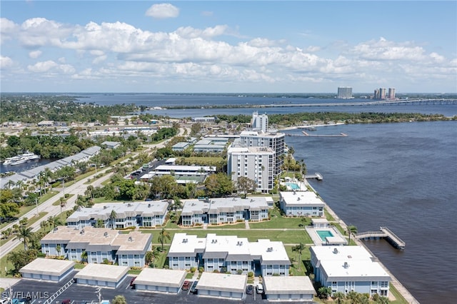 drone / aerial view with a water view