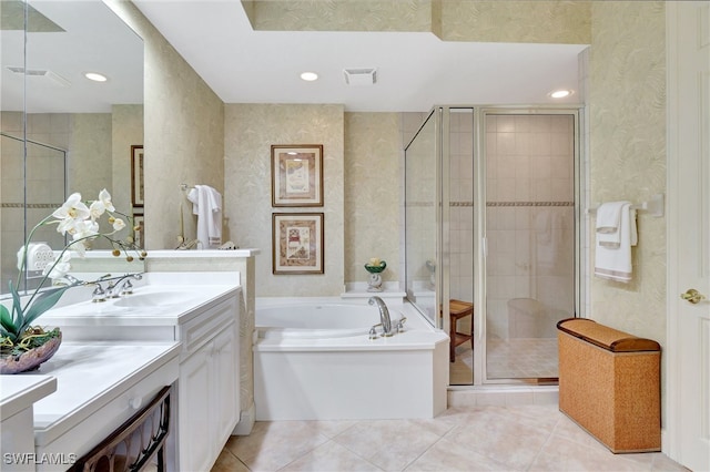 bathroom with vanity, separate shower and tub, and tile patterned flooring