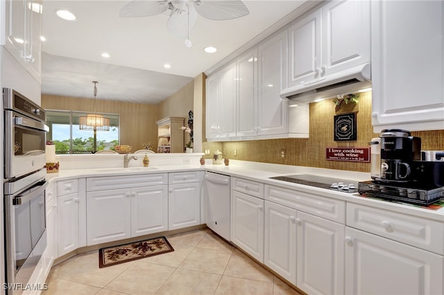 kitchen with exhaust hood, white cabinetry, black electric cooktop, dishwasher, and sink