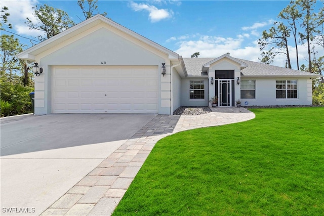 ranch-style home featuring a front lawn and a garage