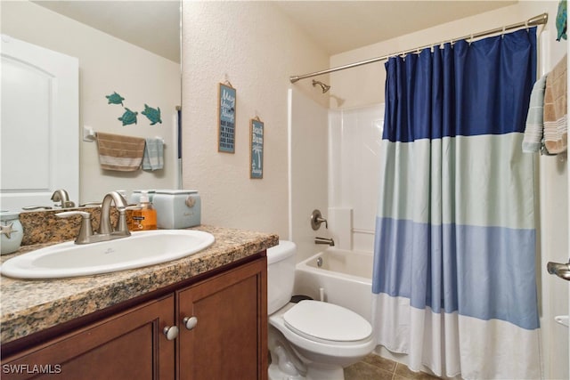 full bathroom featuring vanity, shower / tub combo with curtain, toilet, and tile patterned flooring