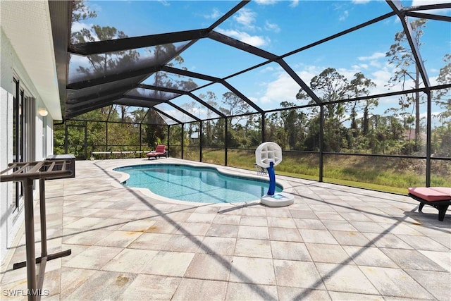 view of swimming pool with a patio area and glass enclosure