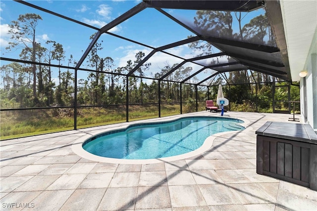 view of swimming pool featuring a patio area and a lanai