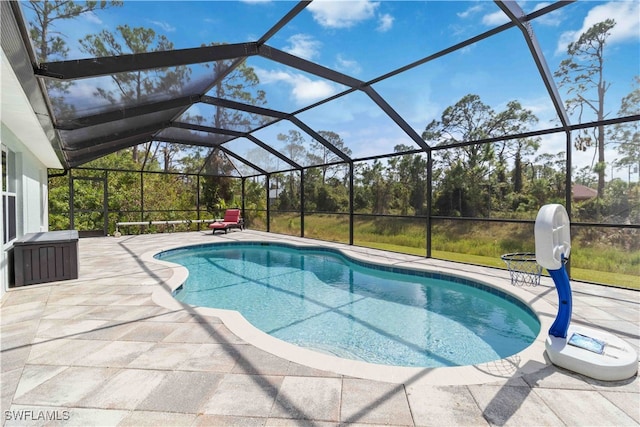 view of swimming pool with a patio and glass enclosure