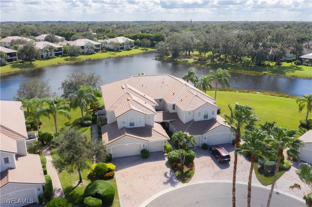 drone / aerial view with a water view