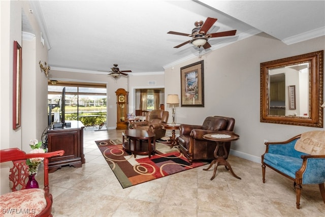 living room featuring ornamental molding, ceiling fan, and light tile patterned flooring