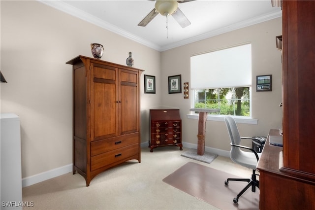 office area with ceiling fan, light colored carpet, and crown molding