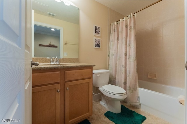 full bathroom featuring toilet, shower / tub combo with curtain, vanity, and tile patterned floors