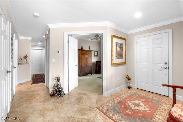 hallway featuring ornamental molding