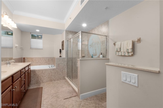 bathroom with crown molding, vanity, tile patterned floors, and separate shower and tub