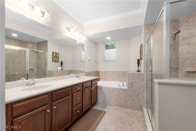 bathroom featuring tile patterned flooring, vanity, separate shower and tub, and crown molding