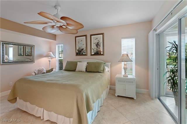 bedroom featuring ceiling fan, light tile patterned floors, and access to outside