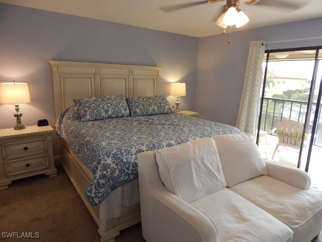 carpeted bedroom with ceiling fan and access to exterior