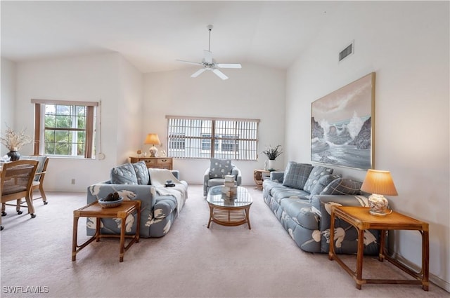 2141 Tama Cir Unit 202, Naples, FL 34112 - carpeted living room featuring ceiling fan and high vaulted ceiling