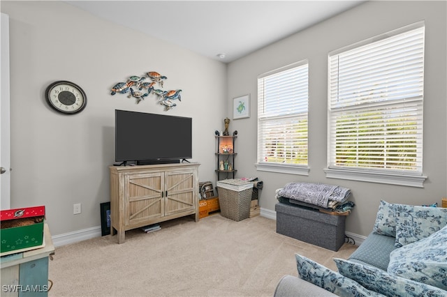 sitting room with light carpet and a healthy amount of sunlight