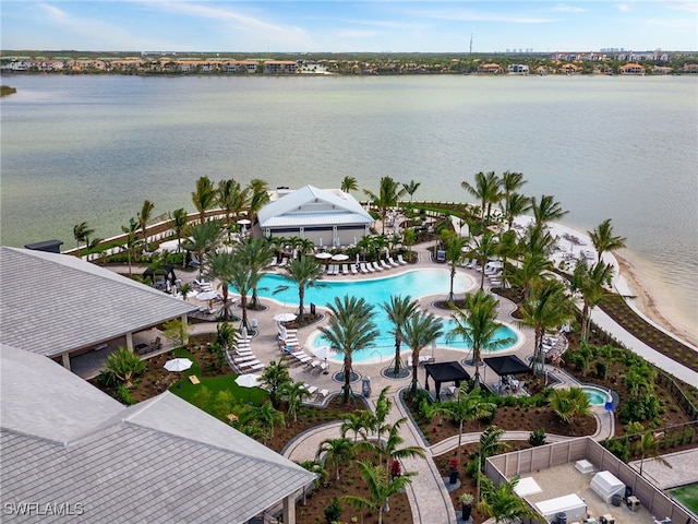 aerial view featuring a water view