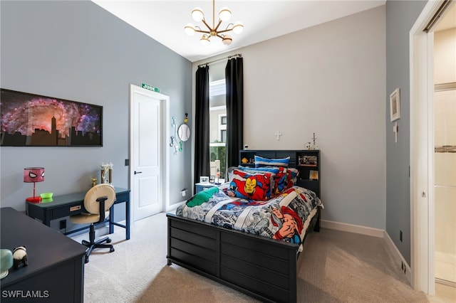 carpeted bedroom with a chandelier