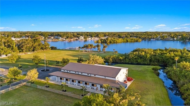 drone / aerial view featuring a water view