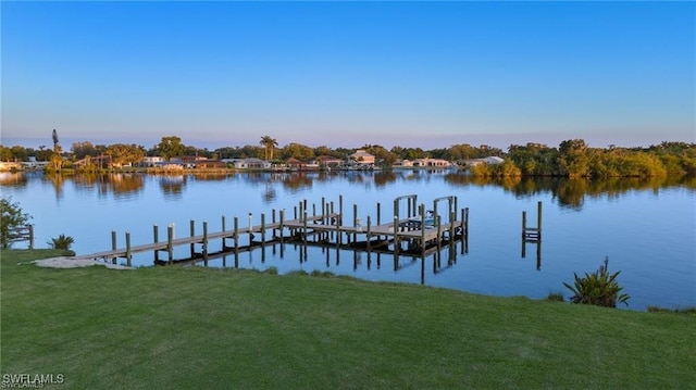 dock area featuring a water view and a yard