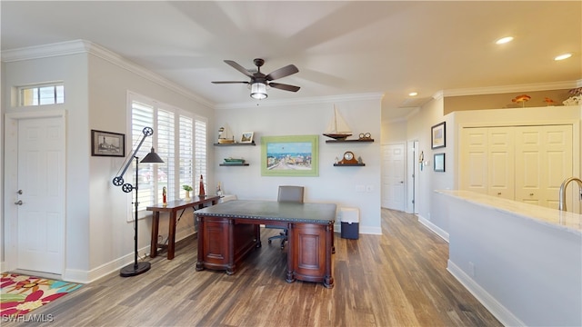 office featuring crown molding and dark hardwood / wood-style flooring