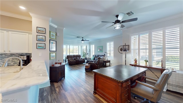 office space with ceiling fan, dark hardwood / wood-style flooring, and ornamental molding