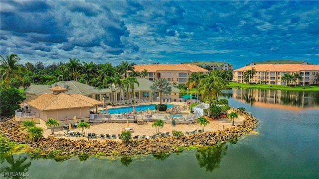 bird's eye view with a water view