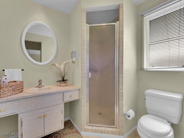 bathroom with vanity, toilet, and an enclosed shower