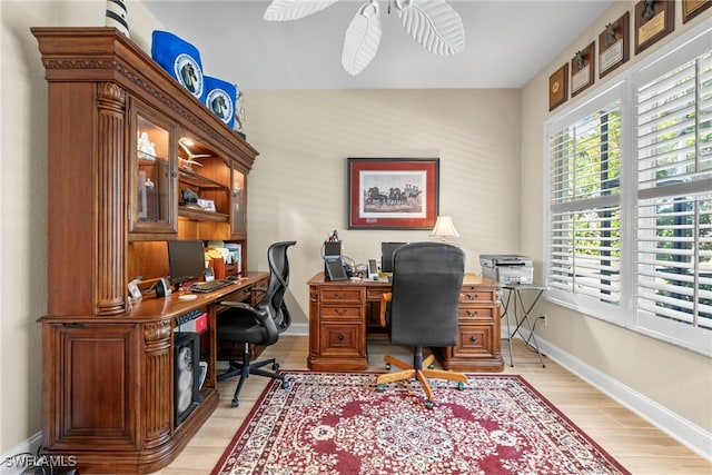 office featuring light hardwood / wood-style floors and ceiling fan