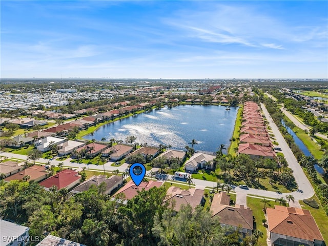 drone / aerial view with a water view