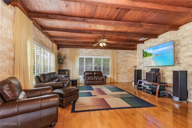 living room featuring light hardwood / wood-style floors, ceiling fan, beam ceiling, and wood ceiling