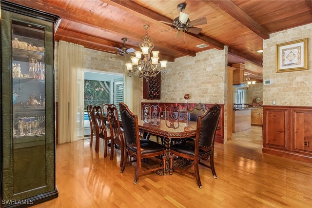 dining space featuring ceiling fan with notable chandelier, light hardwood / wood-style flooring, beamed ceiling, and wood ceiling