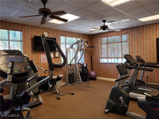 gym featuring a paneled ceiling, wooden walls, and ceiling fan