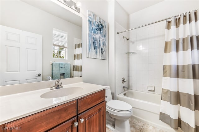 full bathroom with tile patterned flooring, vanity, toilet, and shower / bathtub combination with curtain