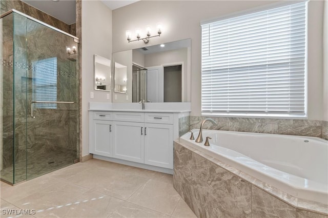 bathroom featuring plus walk in shower and vanity