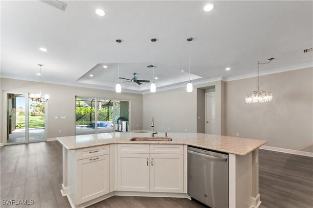 kitchen featuring stainless steel dishwasher, a center island with sink, white cabinetry, and sink