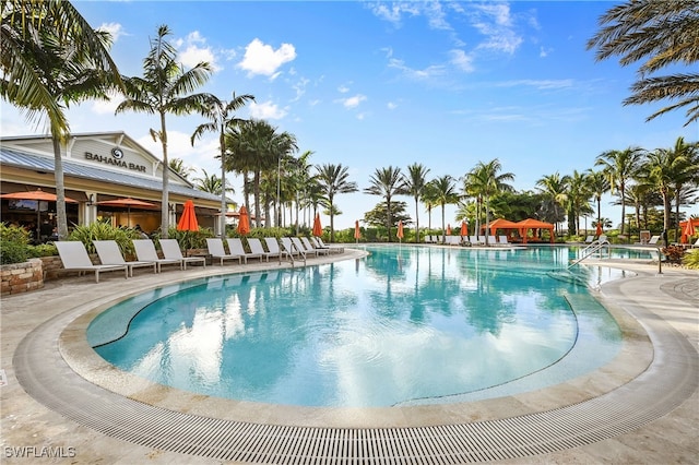 view of swimming pool featuring a patio area