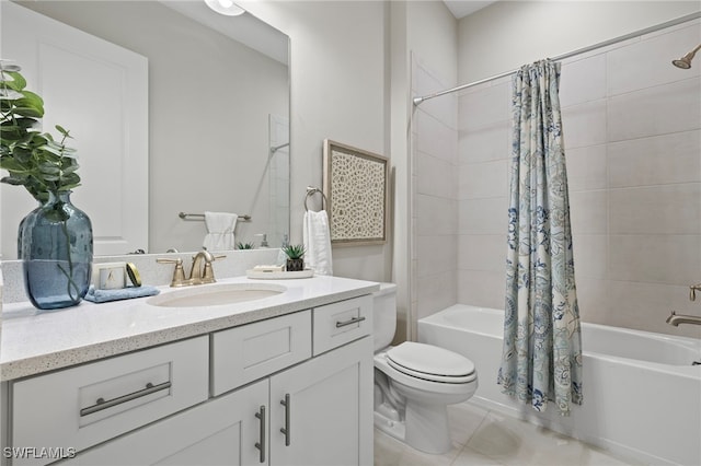 full bathroom with toilet, shower / tub combo, vanity, and tile patterned flooring