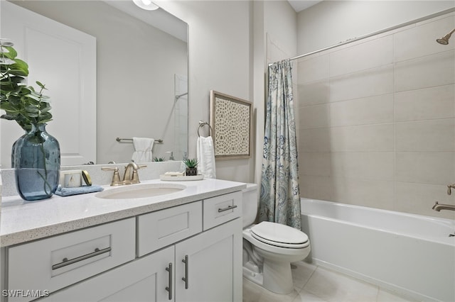 full bathroom with toilet, shower / tub combo, vanity, and tile patterned floors