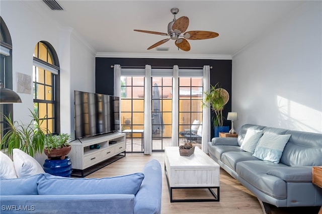 living room with light hardwood / wood-style floors, ceiling fan, and ornamental molding