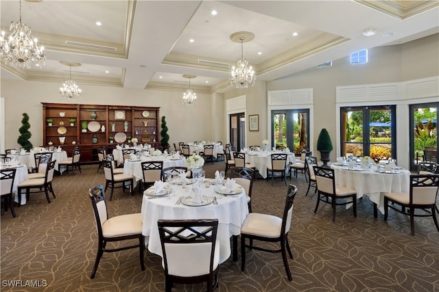 dining room with dark carpet, crown molding, coffered ceiling, a high ceiling, and beamed ceiling