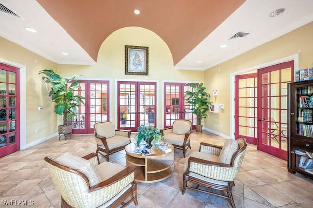8550 Kingbird Loop Unit 618, Estero, FL 33967 - sitting room featuring french doors, baseboards, plenty of natural light, vaulted ceiling, and recessed lighting