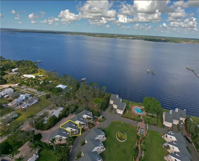 aerial view featuring a water view