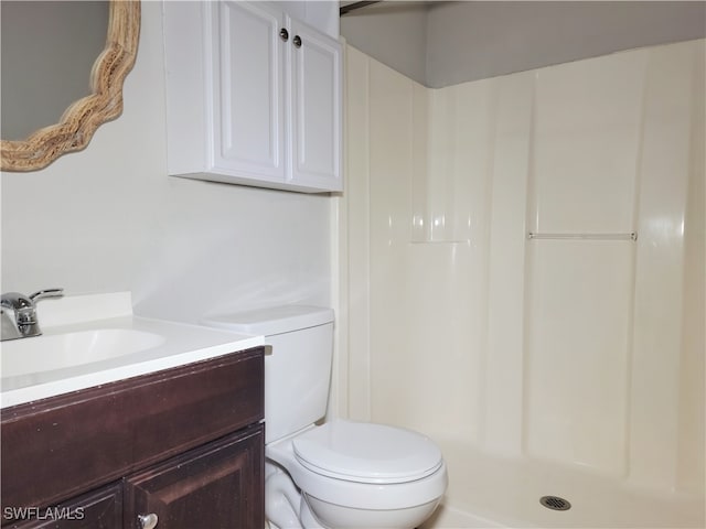 bathroom with vanity, toilet, and a shower