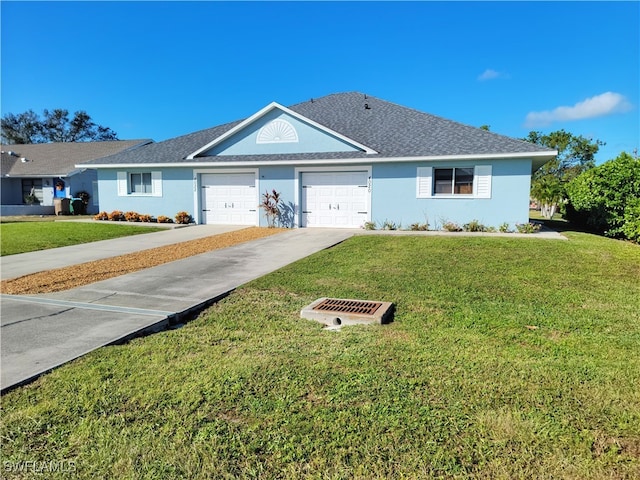 ranch-style home with a garage and a front lawn