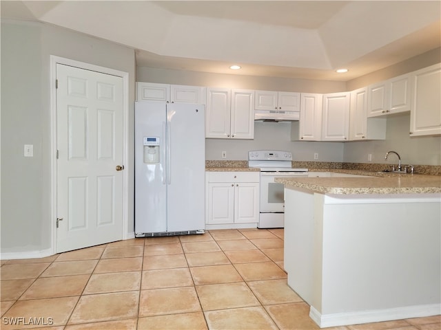 kitchen featuring sink, white cabinets, white appliances, and light tile patterned floors